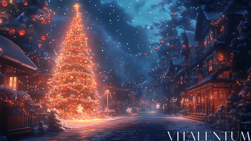 Snow covered street shows large illuminated outdoor Christmas tree