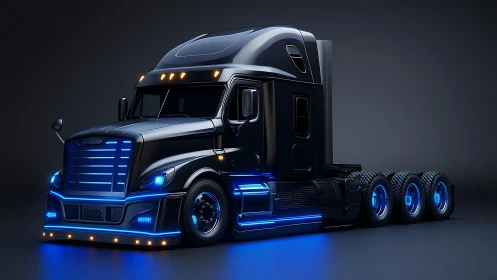 Futuristic neon-lit semi truck rendered in high-gloss 3D detail