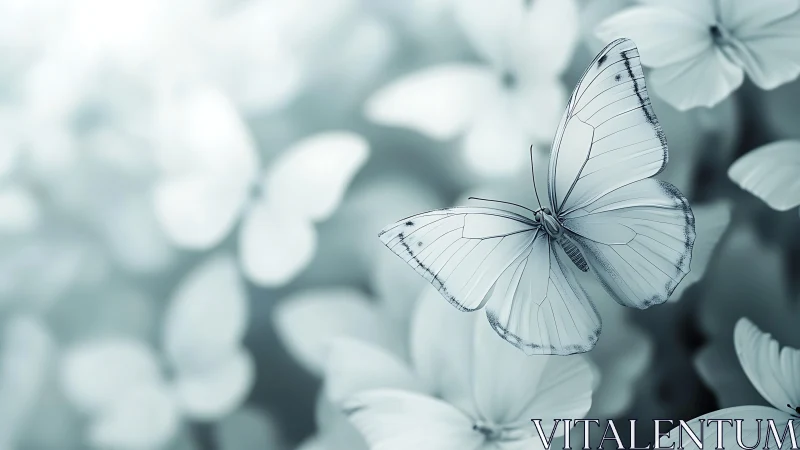 Pale butterfly in soft focus garden of blurred blooms.