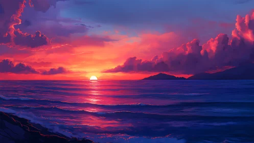 Vibrant digital seascape captures a hyper-saturated sunset horizon