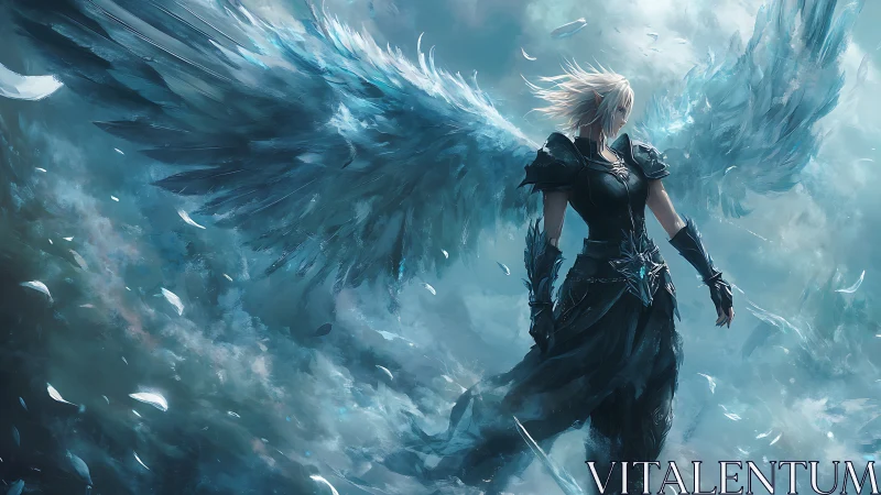Storm-lit winged warrior stands calm within swirling skies