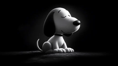 Serene cartoon beagle in spotlight on textured floor.