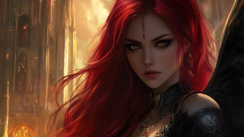 Ember‑eyed fallen angel before a burning gothic citadel.