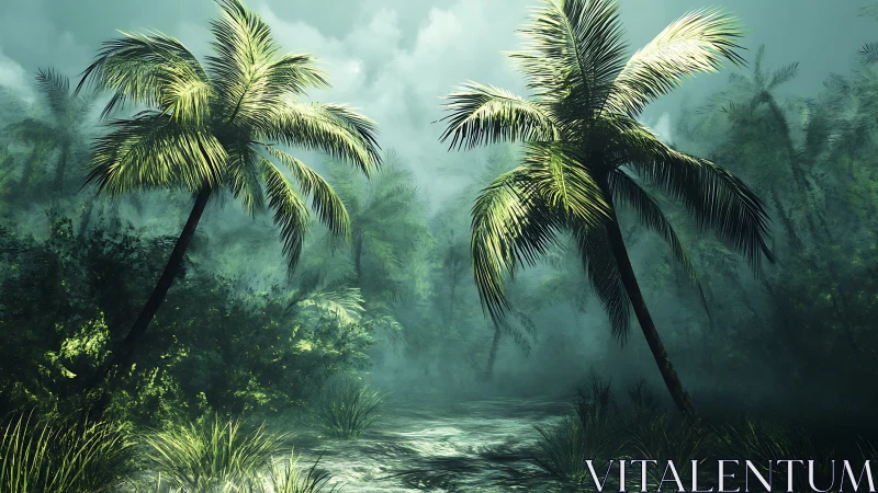 Tropical Misty Wetland: Coconut Palms with Volumetric Atmospheric Rendering