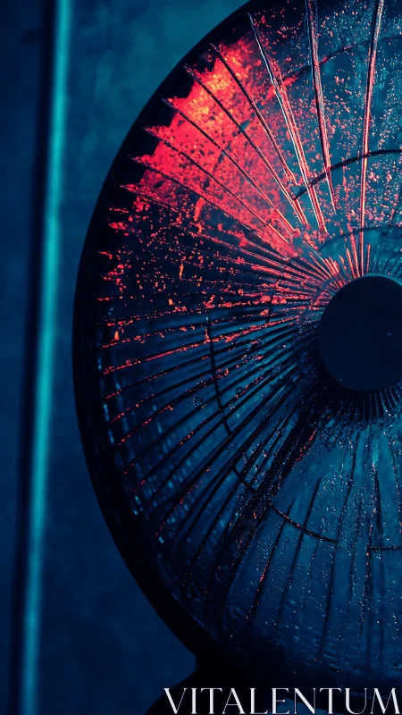 Close-up of wet circular fan grille in blue red light.