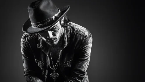 Monochrome portrait of tattooed man in leather and fedora.