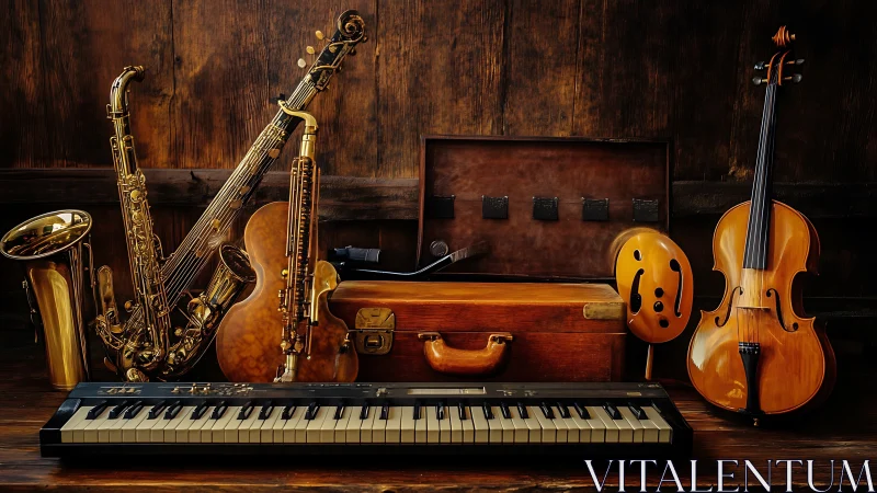 Studio still life of mixed acoustic instruments and keyboard