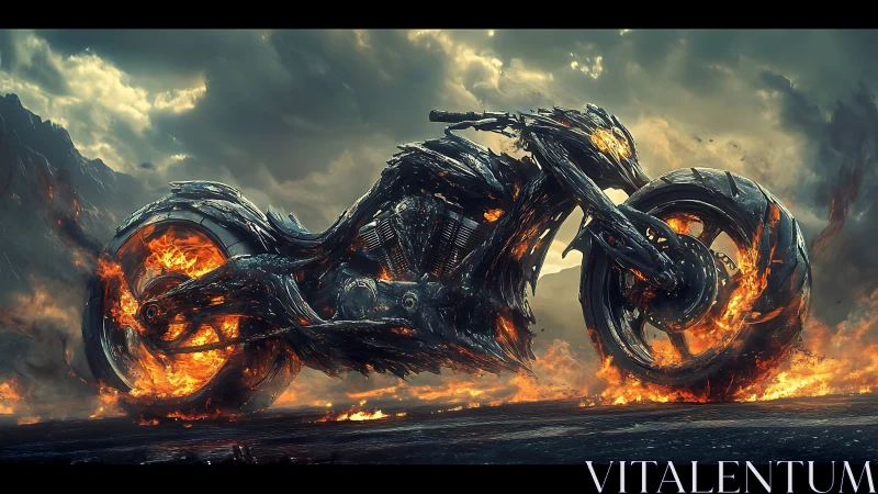 Infernal cyber bike roars through flames beneath stormy skies