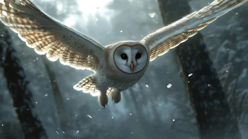 Majestic barn owl in flight through misty winter forest, digital art.