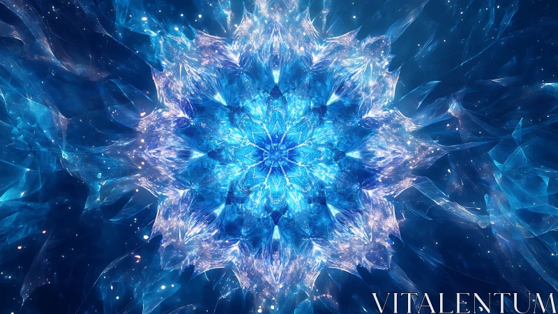 Shimmering cosmic snowflake glowing in deep sapphire light.