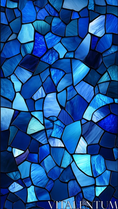 Shimmering cobalt glass mosaic in fractured tessellation.