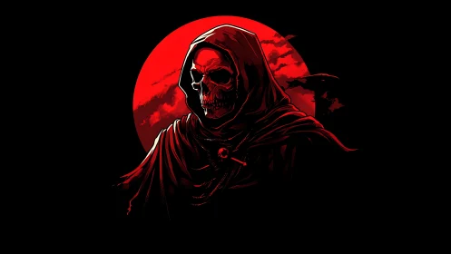 Grim reaper silhouette before a blood-red lunar eclipse.