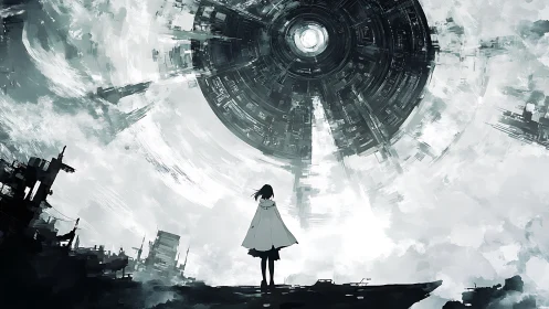 Lone figure beneath colossal rotating orbital gateway.