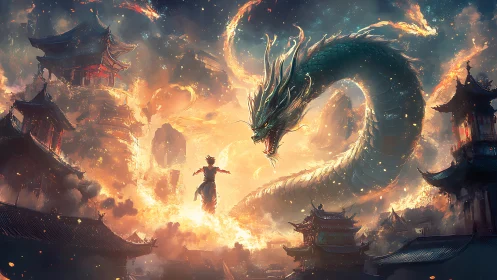 Human figure confronting serpentine dragon over burning city.