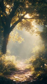Forest path with backlit trees and atmospheric sunlight filtering through canopy.