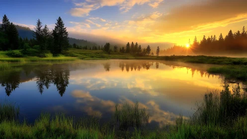 Sunrise over misty forest lake mirrors glowing sky perfectly.