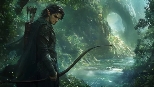 Elven archer overlooking misty river in lush forest.