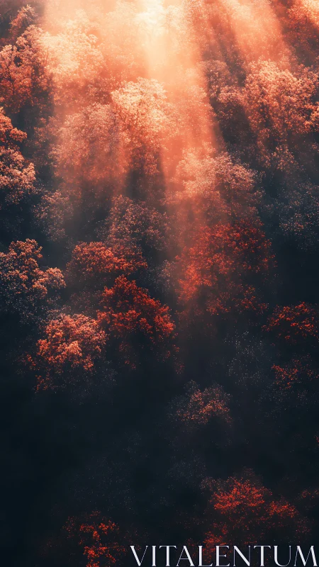 Sunbeams wash an autumn forest canopy in glowing haze