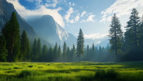 Morning mist crowns a pine valley beneath towering cliffs.