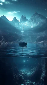 Midnight sailboat above luminous abyssal seascape divide.