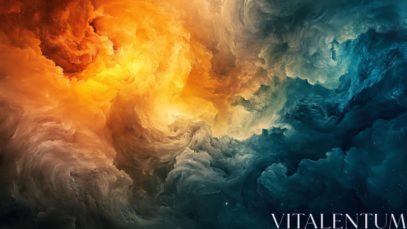 Fiery cosmic nebula collides with deep teal storm clouds