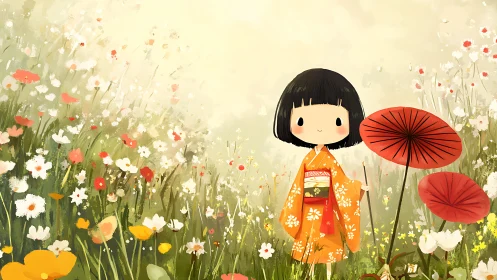 Child in patterned kimono stands among stylized flower field
