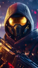 Armored sci‑fi soldier grips rifle in neon battlefield glow.