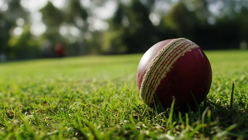 Red cricket ball resting on green grass outfield.