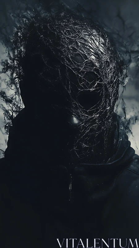 Shadowed figure cocooned in glistening spectral webbing.