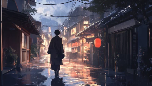 Nocturnal rain-soaked alley with lone pedestrian silhouette.