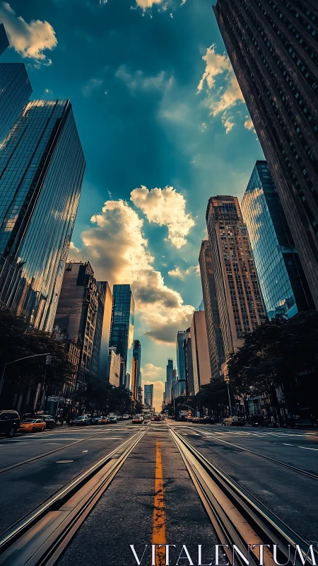 Golden hour city street stretches toward a glowing skyline