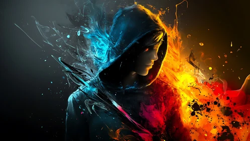 Hooded figure commands split realms of ice and fire energy