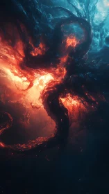 Volumetric tendrils of red and blue energy intersect in space