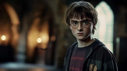 Young wizard in candlelit hall, caught between wonder and worry.