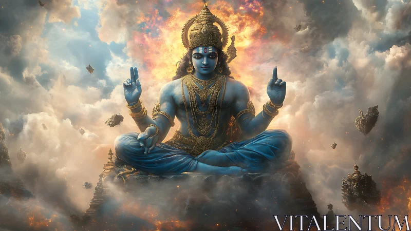 Divine blue deity levitates amid volumetric clouds and radiant fire halo