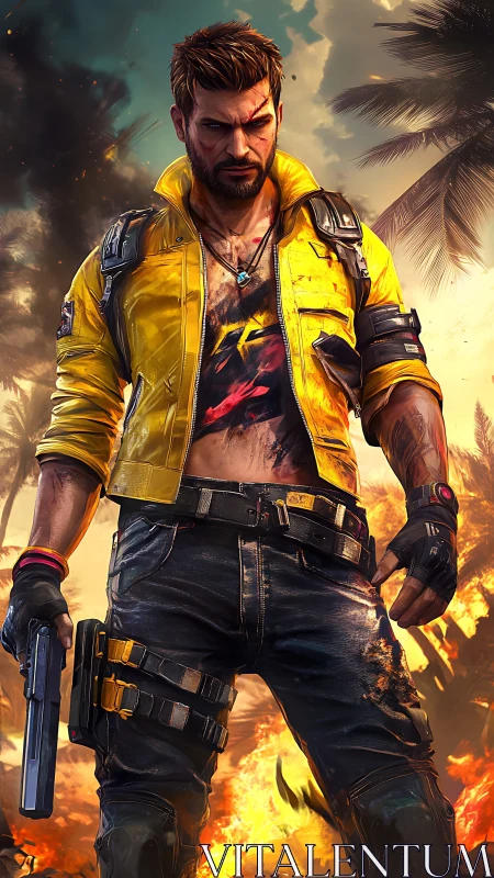 Scarred renegade in yellow jacket storms the burning tropics.