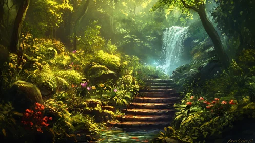 Enchanted Forest Waterfall Path Through Luminous Woodland