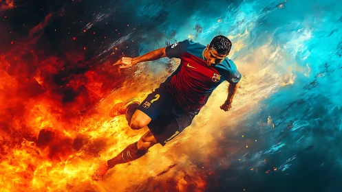 Blazing football sprint through dual fire and ice energy fields.