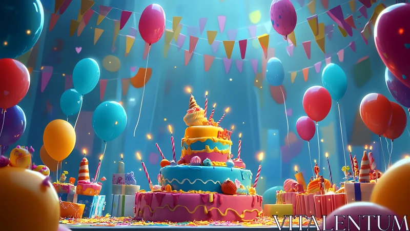 Multilayered Birthday Cake With Candles Surrounded by Balloons.