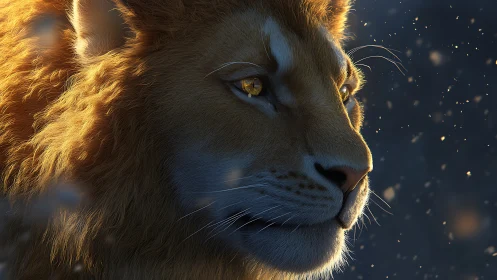 Golden light on lion closeup with soft glowing particles.