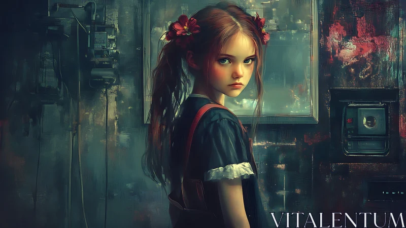 Young girl in neon-lit alley glances back with wary resolve