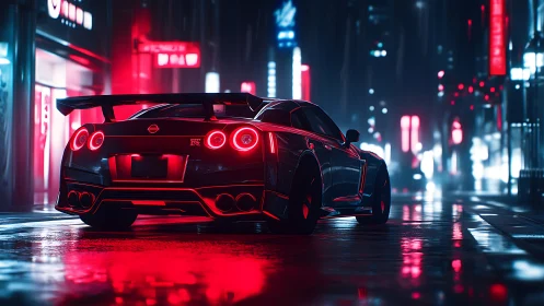 Neon-lit Nissan GT-R rear view on wet cyberpunk street.