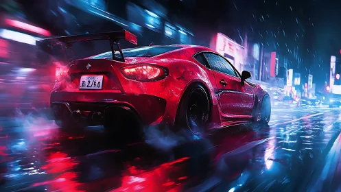Neon drenched red tuner coupe drifting through wet city streets