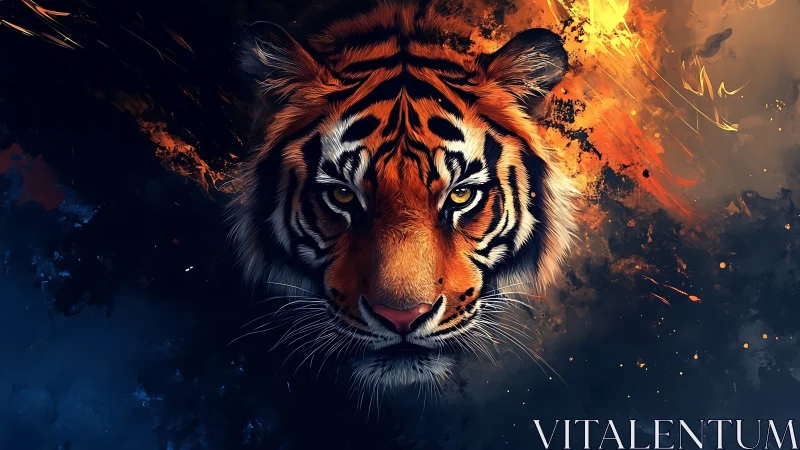 Molten twilight crowns the tiger’s steady, ember-bright gaze