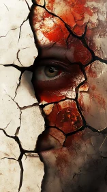 Fractured earthen mask revealing human eye beneath crusted shell.