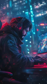 Cyberpunk gamer locked in neon-lit tactical focus.
