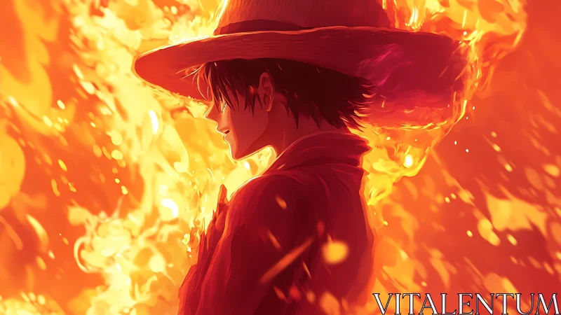 Straw hat anime figure in profile amid surrounding flames.