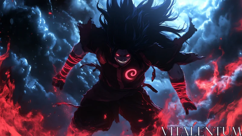 Dark anime warrior emerging through fire and storm clouds.