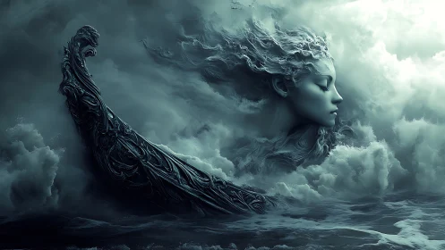 Storm-sculpted spectral figure merges with baroque prow in cyan haze