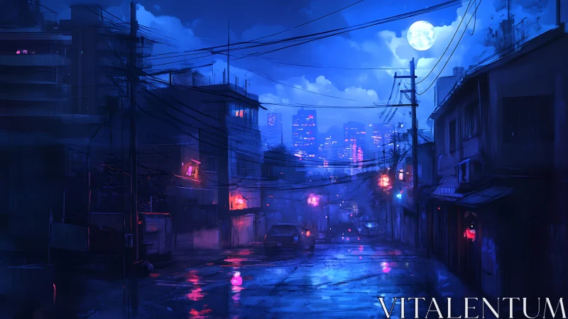 Moonlit urban alley with wet street and distant skyline.